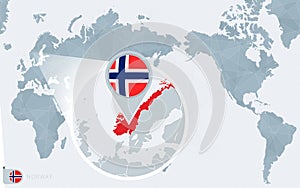 Pacific Centered World map with magnified Norway. Flag and map of Norway