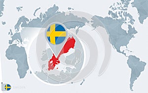 Pacific Centered World map with magnified Sweden. Flag and map of Sweden