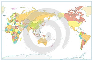 Pacific Centred World Colored Map Isolated on white. No text