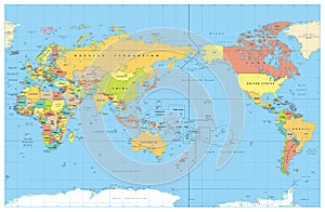 Pacific Centred World Colored Map. No Bathymetry