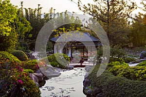 japanese pagoda in zen garden photo