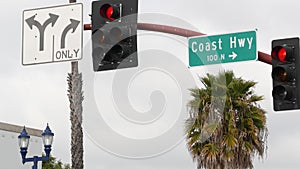 Pacific Coast Highway, historic route 101 road sign, tourist destination in California USA. Lettering on intersection signpost.