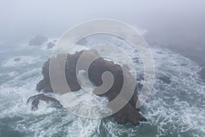 Aerial of Foggy Sea Stacks in Northern California