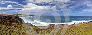 Pacific Ocean Rocky Coastline Panoramic View, Easter Island Rapa Nui East Coast Landscape