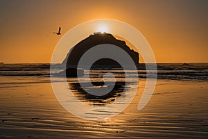 Pacific Ocean sunset view of Face Rock in Bandon Oregon in panoramic format.