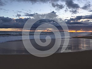 Pacific Ocean Waves at Beach in Kekaha during Sunset on Kauai Island, Hawaii.