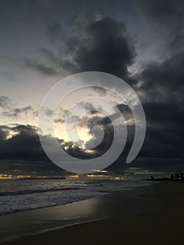 Pacific Ocean Waves at Beach in Kekaha during Sunset on Kauai Island, Hawaii.