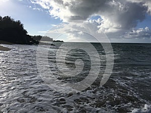 Pacific Ocean Waves and Clouds at Lumahai Beach at Kauai Island, Hawaii.