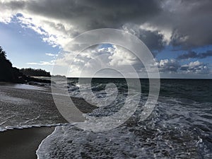 Pacific Ocean Waves and Clouds at Lumahai Beach at Kauai Island, Hawaii.