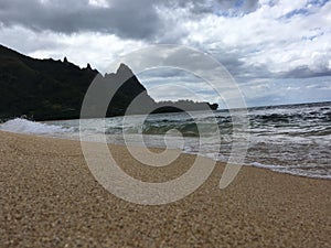 Pacific Ocean Waves at Tunnels Beach on North Shore on Kauai Island, Hawaii.