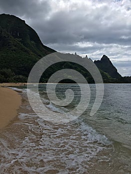 Pacific Ocean Waves at Tunnels Beach on North Shore on Kauai Island, Hawaii.