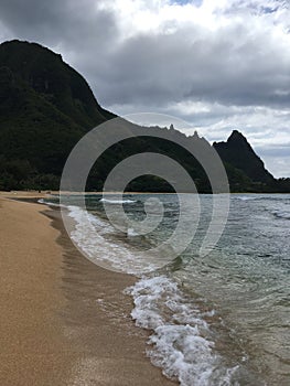 Pacific Ocean Waves at Tunnels Beach on North Shore on Kauai Island, Hawaii.