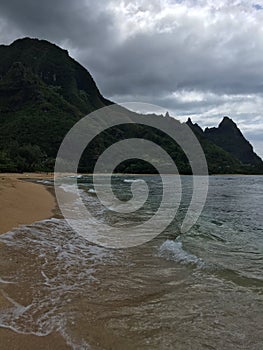 Pacific Ocean Waves at Tunnels Beach on North Shore on Kauai Island, Hawaii.