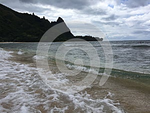 Pacific Ocean Waves at Tunnels Beach on North Shore on Kauai Island, Hawaii.