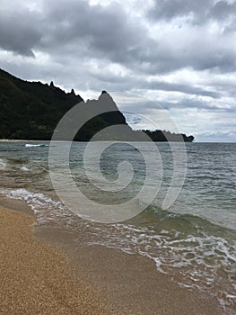Pacific Ocean Waves at Tunnels Beach on North Shore on Kauai Island, Hawaii.