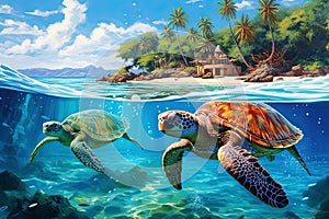 Pacific Paradise Graceful Sea Turtles Sandy Beach Generative AI