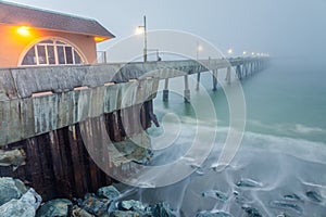 Pacifica Municipal Pier in Thick Fog and High Tide.