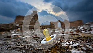 Pacifier inbetween ruins .Dark cloudy sky.