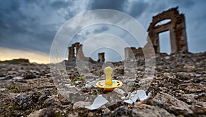 Pacifier inbetween ruins .Dark cloudy sky.