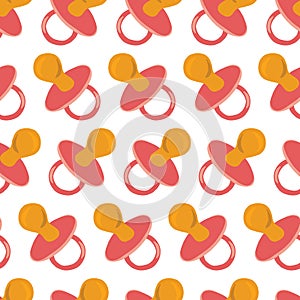 Pacifier pink seamless vector pattern. Repeating baby theme background flat style hand drawn soother binky illustration