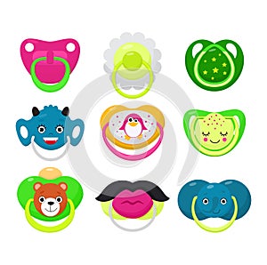 Pacifier vector baby soother child nipple and kids rubber nipple illustration set of cartoon comforter to pacify newborn photo