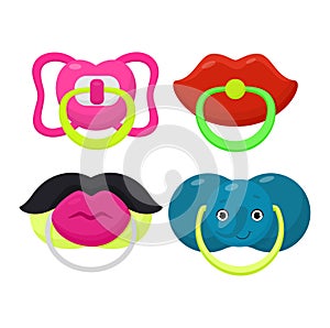 Pacifier vector baby soother child nipple and kids rubber nipple illustration set of cartoon comforter to pacify newborn