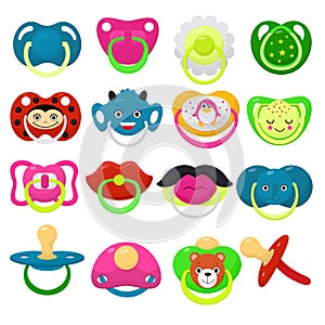 Pacifier vector baby soother child nipple and kids rubber nipple illustration set of cartoon comforter to pacify newborn