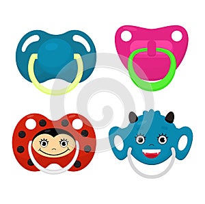 Pacifier vector baby soother child nipple and kids rubber nipple illustration set of cartoon comforter to pacify newborn photo