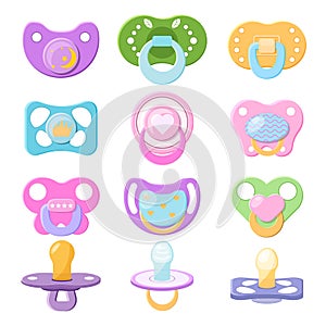 Pacifier vector baby soother child nipple and kids rubber nipple illustration set of comforter to pacify newborn