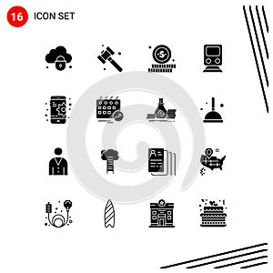 Pack of 16 creative Solid Glyphs of mobile, configuration, shopping, travel, train