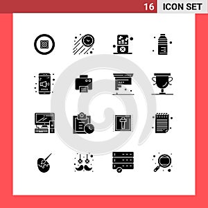 Pack of 16 creative Solid Glyphs of mobile, water, ipod, food, bottle