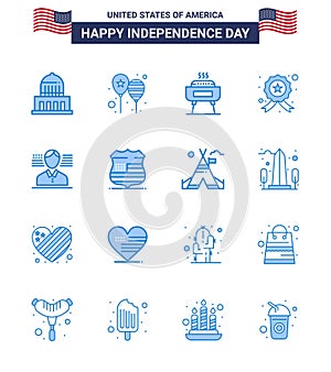 Pack of 16 creative USA Independence Day related Blues of man; star; america flag; investigating; holiday