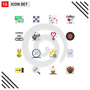 Pack of 16 Modern Flat Colors Signs and Symbols for Web Print Media such as analytics, traning, fun, presentation, conference