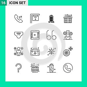 Pack of 16 Modern Outlines Signs and Symbols for Web Print Media such as clothing, bikini, skyscaper, beach, box