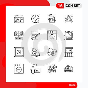 Pack of 16 Modern Outlines Signs and Symbols for Web Print Media such as key, education, mechanical, book, danger