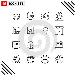 Pack of 16 Modern Outlines Signs and Symbols for Web Print Media such as learning, interior, food, furniture, kiwi