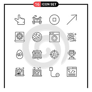 Pack of 16 Modern Outlines Signs and Symbols for Web Print Media such as proceed, setting, arrow, preference, configure
