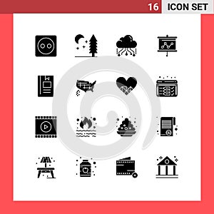 Pack of 16 Modern Solid Glyphs Signs and Symbols for Web Print Media such as education, projector, link, presentation, board