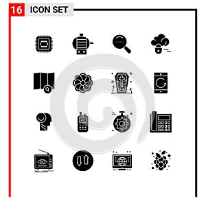 Pack of 16 Modern Solid Glyphs Signs and Symbols for Web Print Media such as mardi gras, sunflower, dote, search, explore