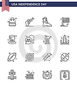 Pack of 16 USA Independence Day Celebration Lines Signs and 4th July Symbols such as presidents; day; shose; usa; flag
