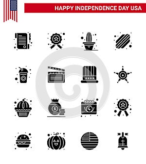Pack of 16 USA Independence Day Celebration Solid Glyphs Signs and 4th July Symbols such as soda; cola; flower; bottle; hotdog