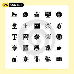 Pack of 25 creative Solid Glyphs of donut, shopping, watts app, monitor, computer