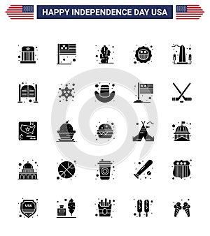 Pack of 25 creative USA Independence Day related Solid Glyph of monument; flag; cactus; badge; american