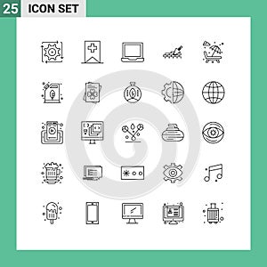 Pack of 25 Modern Lines Signs and Symbols for Web Print Media such as park, sun bed, computer, trovel, mason