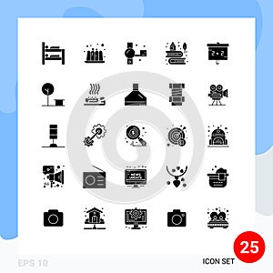Pack of 25 Modern Solid Glyphs Signs and Symbols for Web Print Media such as education, ink, handycam, history, education