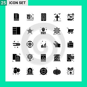 Pack of 25 Solid Style Icon Set. Glyph Symbols for print. Creative Signs Isolated on White Background. 25 Icon Set