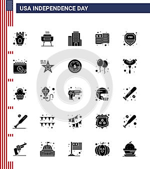 Pack of 25 USA Independence Day Celebration Solid Glyph Signs and 4th July Symbols such as usa; shield; building; security; flag