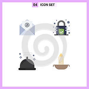 Pack of 4 creative Flat Icons of email, service, encryption, food, fire