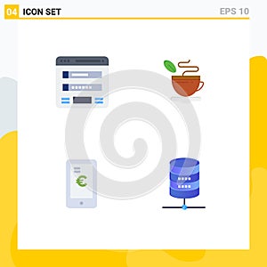 Pack of 4 Modern Flat Icons Signs and Symbols for Web Print Media such as flowchart, mobile, sitemap, cup, euro