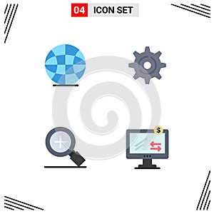 Pack of 4 Modern Flat Icons Signs and Symbols for Web Print Media such as globe, online, internet, magnifier, ecommerce